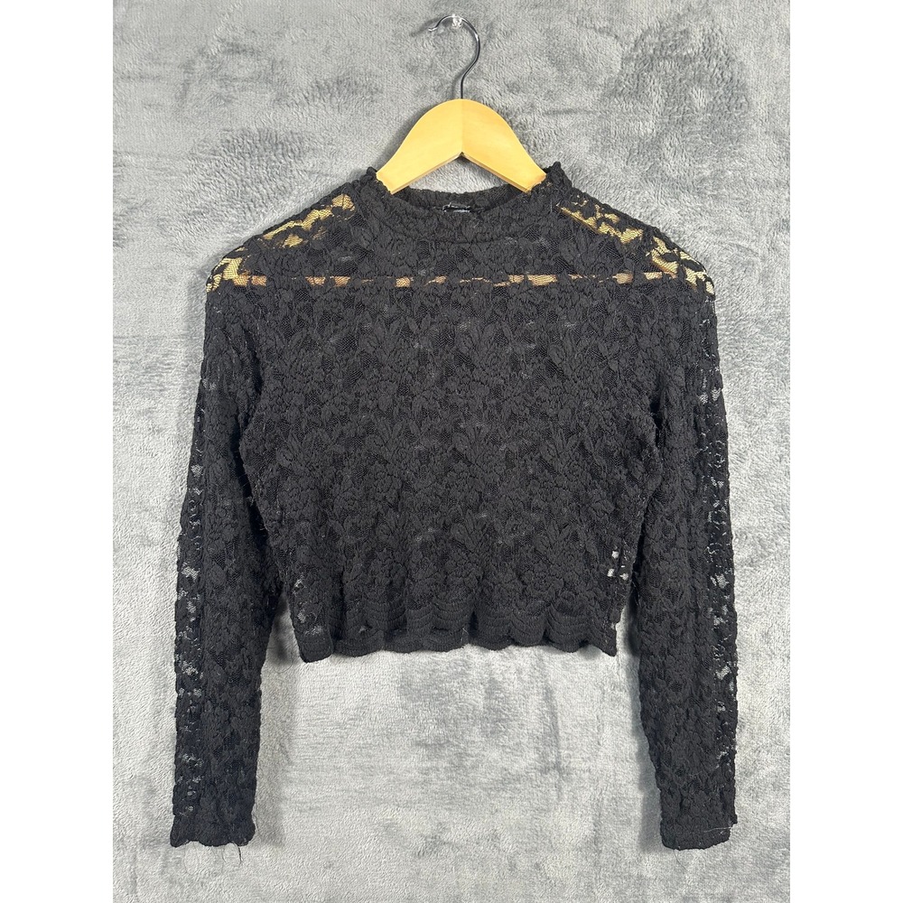 Black Floral Lace Crop Top M Long Sleeve Mock Neck Sheer Goth Coquette Y2K